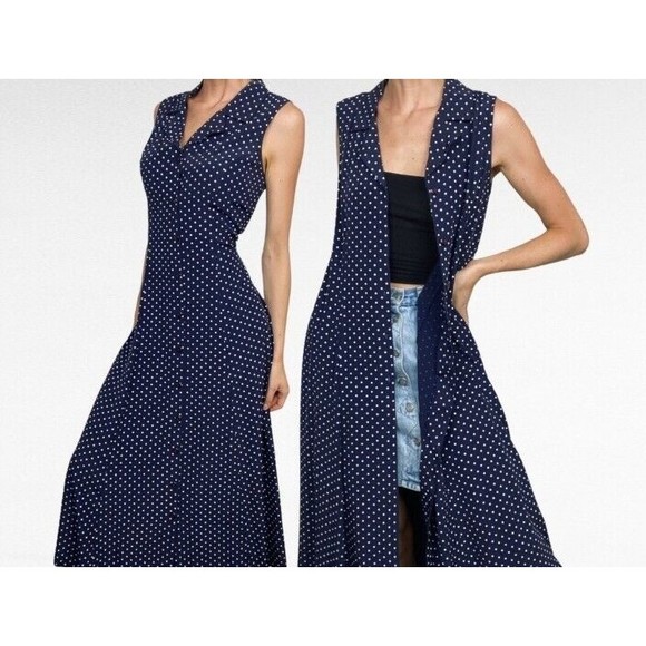 Vintage 90s My Michelle Women's Size 7/8 Polka Dot Dark Navy Blue Button Dress - Picture 1 of 9